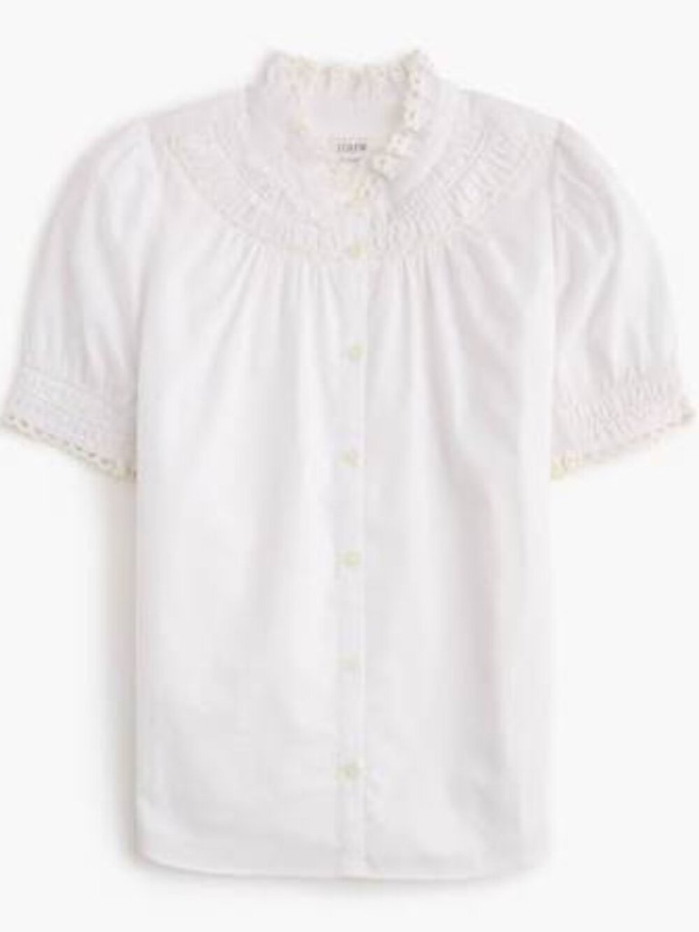 J.Crew White Smocked Crochet Lace Peasant Blouse Large Cotton Button Up NWT